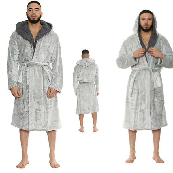 Belfry Bathroom Mens Hooded Dressing Gown Plush Fluffy Soft Warm Fleece